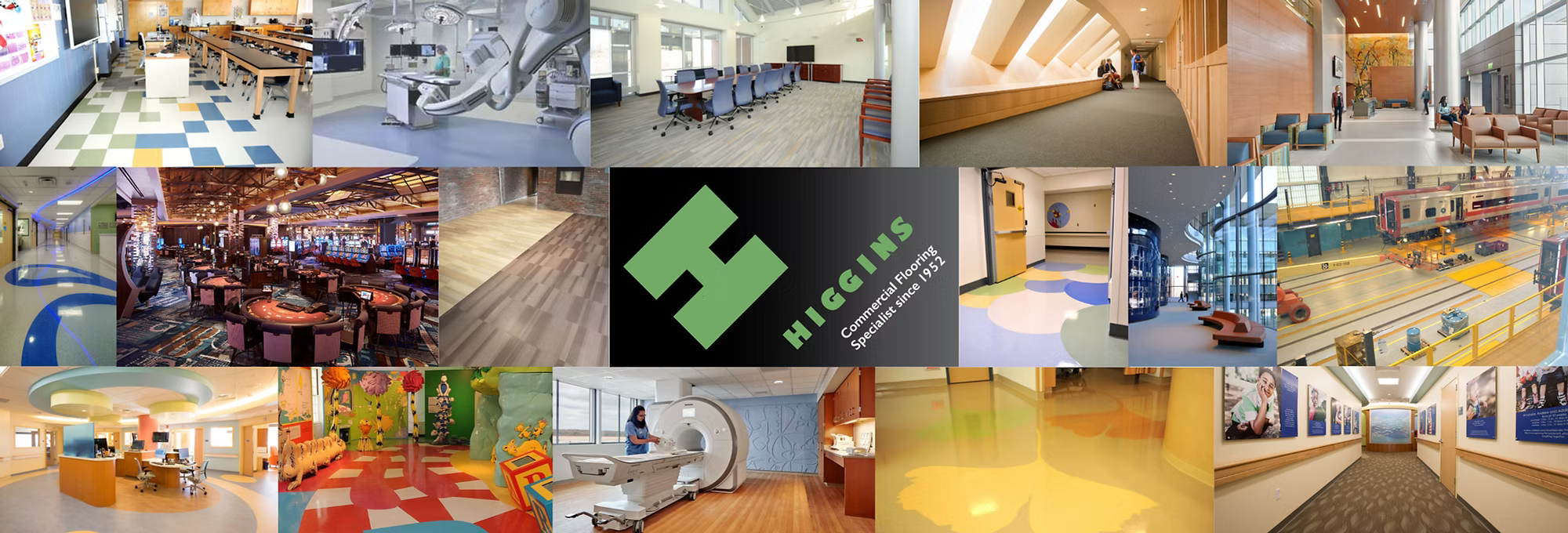 Higgins Commercial Flooring projects collage with logo