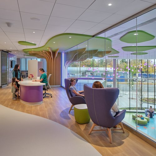 Playful interior design in a waiting area at Connecticut Children's New Tower